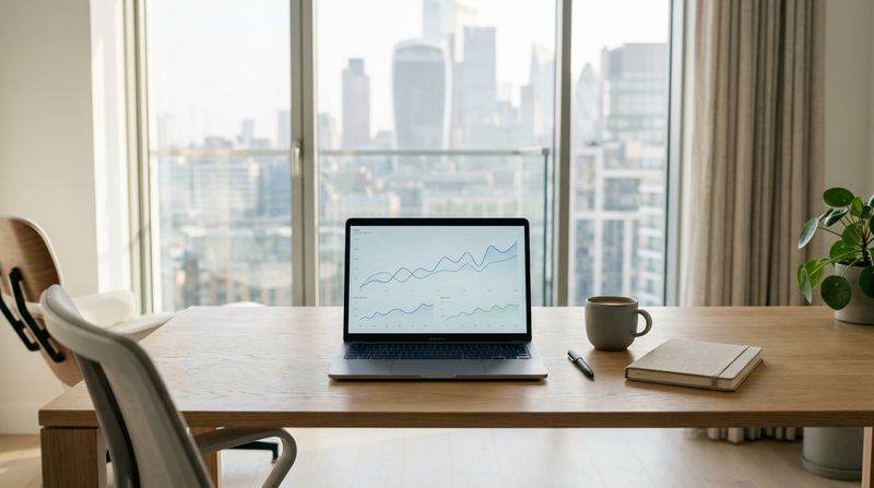Serene minimalist financial workstation bathed in natural daylight