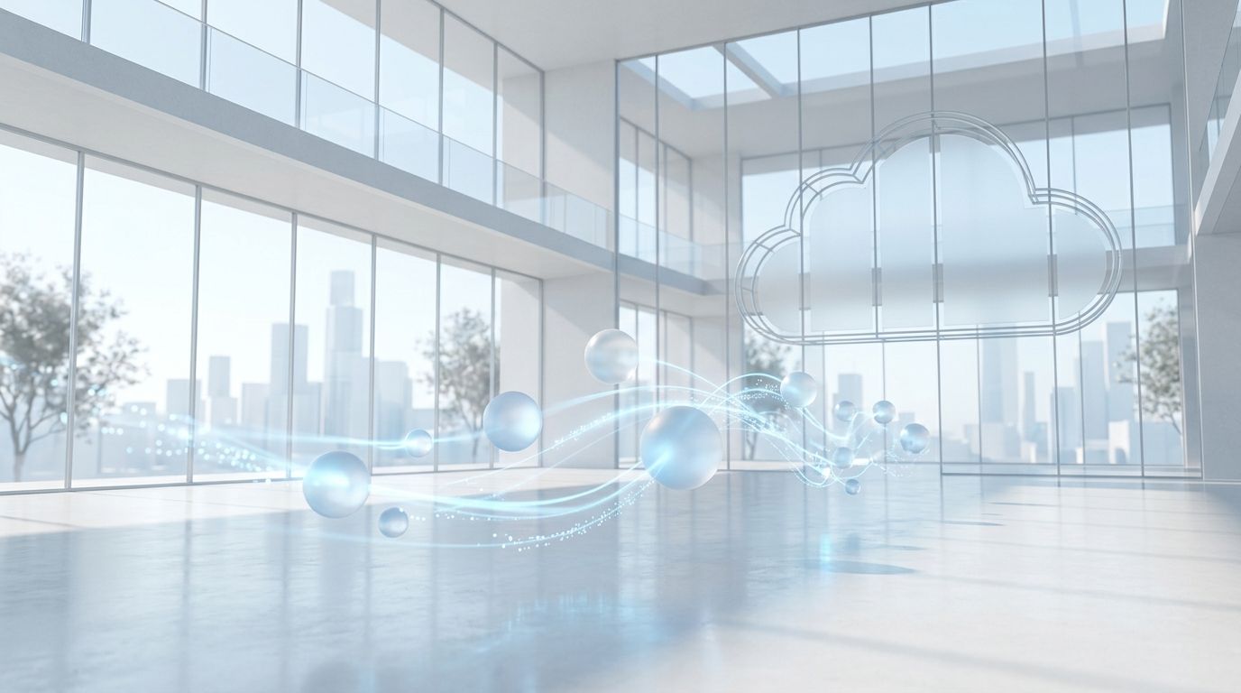 Abstract architectural space with glowing data streams and translucent cloud geometry