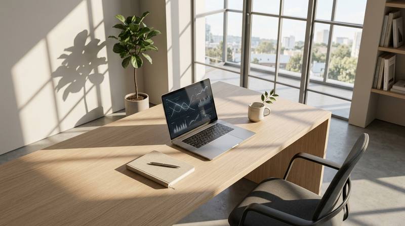 High-angle view of a sunlit modern desk with laptop and clean architectural lines