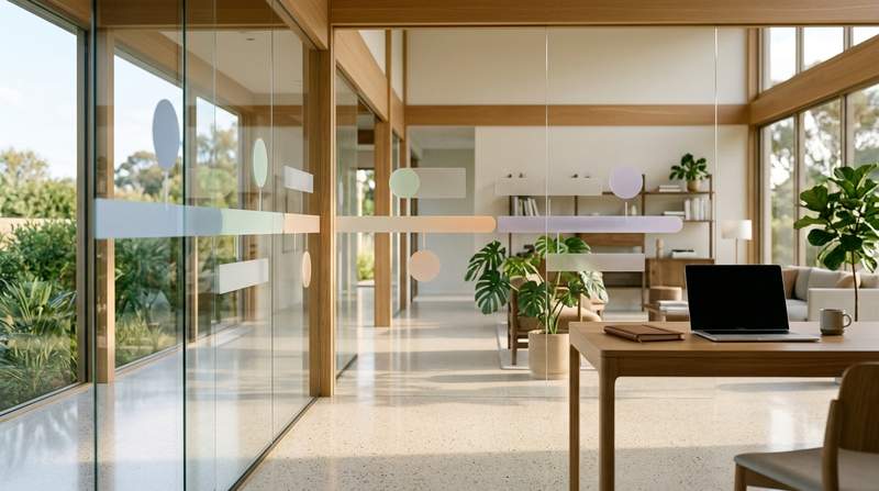 Translucent architectural glass partition displaying project milestones in natural light