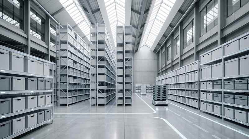 Clean, high-ceiling modern warehouse with neatly organized high-bay shelving